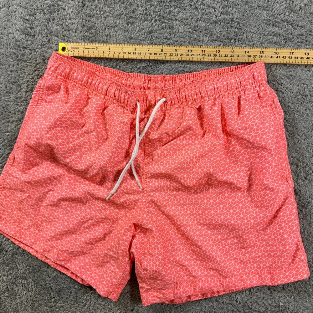 HM Mens Swim Trunks Large Coral Pink Geometric Honeycomb Mesh Lined Drawstring